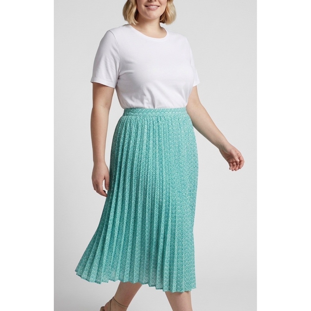 Leslie Fay Teal White Geometric Accordion Pleat Midi Skirt Petite 16P - Picture 2 of 9